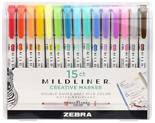 Zebra Pen Mildliner Double Ended Highlighter Set, Chisel & Bullet Tips, Assorted Colors, 15-Pack
