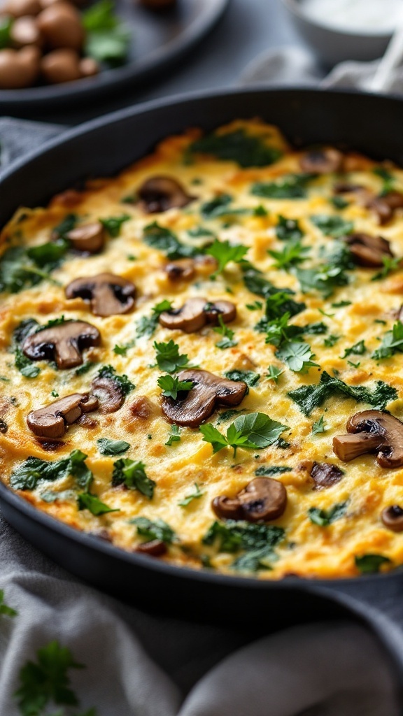 A delicious mushroom and spinach frittata in a frying pan, garnished with herbs.